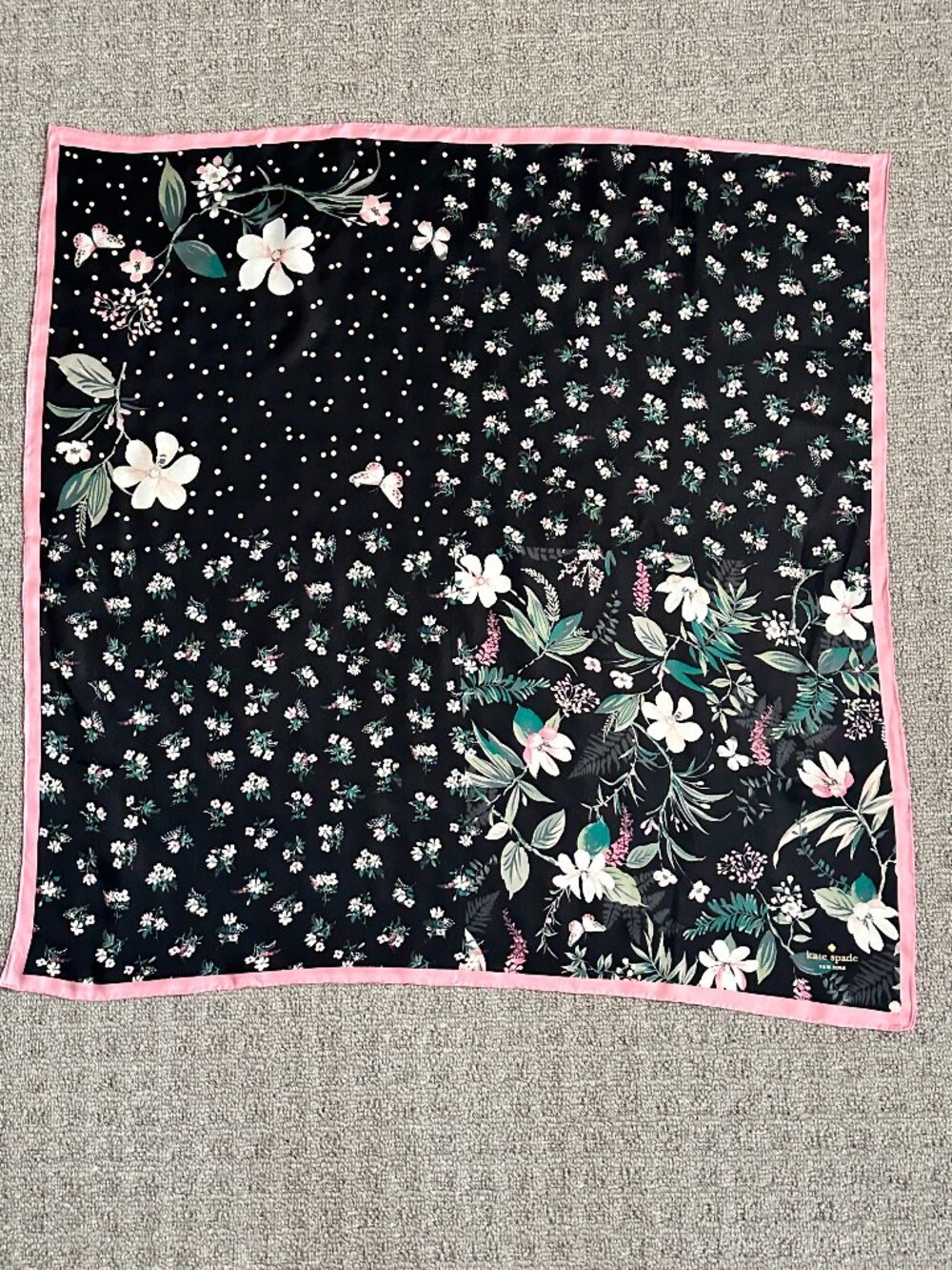 Kate Spade Black Botanical Floral Silk Square Scarf Pink Border Butterflies